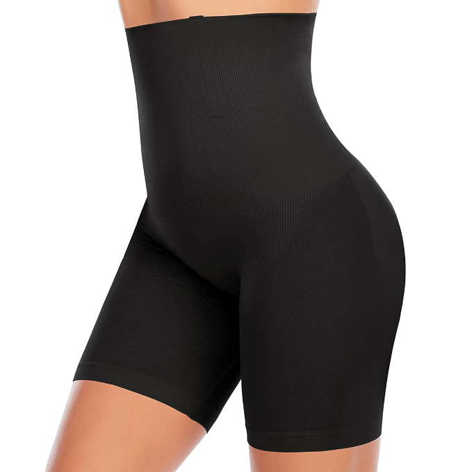 Black high-waisted shaping shorts, showing the front and side with full thigh coverage