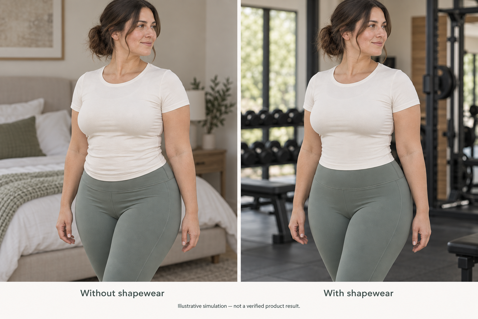 Illustrative simulation: the same woman without shapewear and with shapewear, showing a smoother appearance under clothing. Not a verified product result.